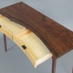 live edge claro walnut console table with birdseye maple drawers