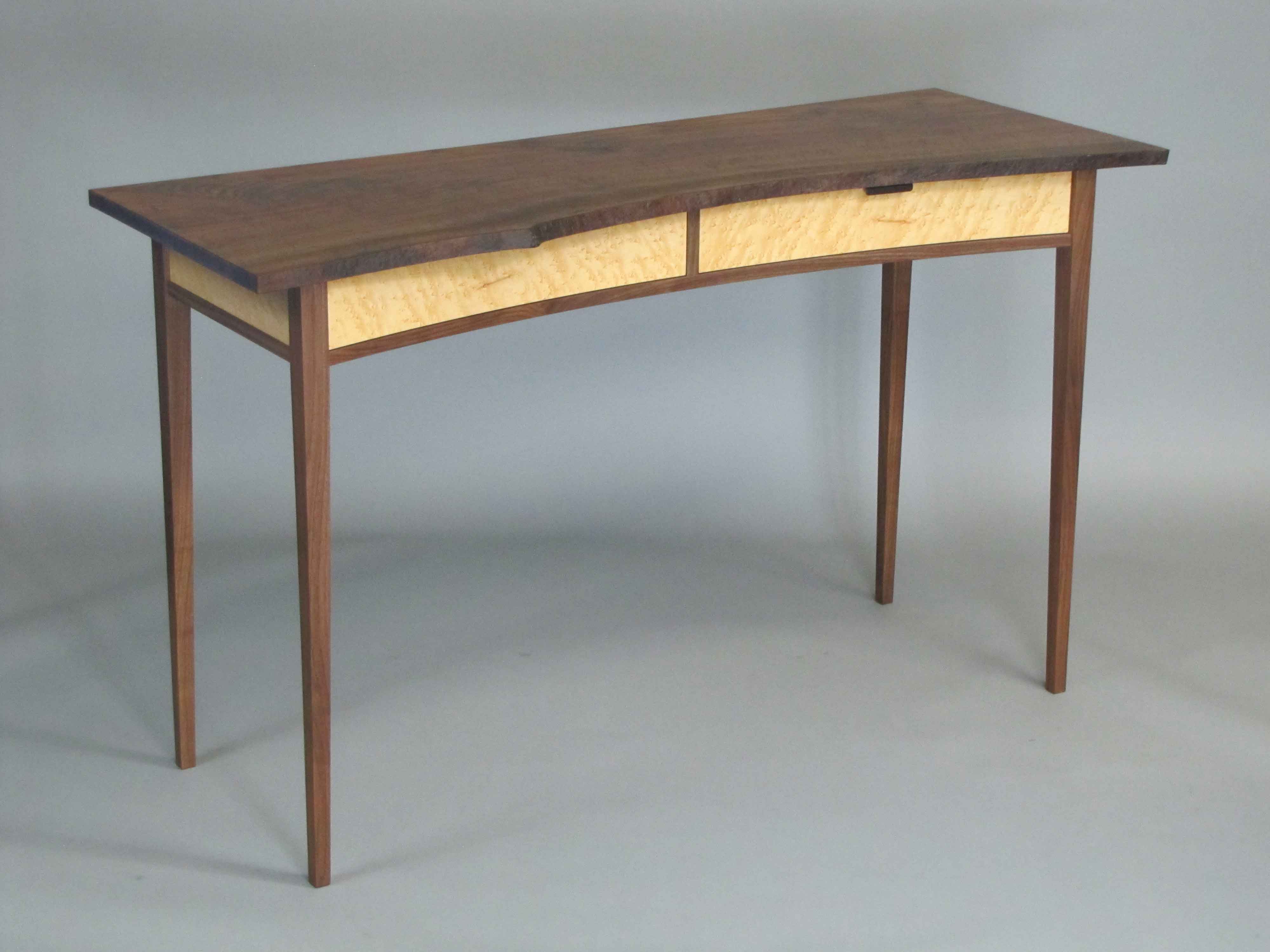 live edge claro walnut console table with birdseye maple drawers